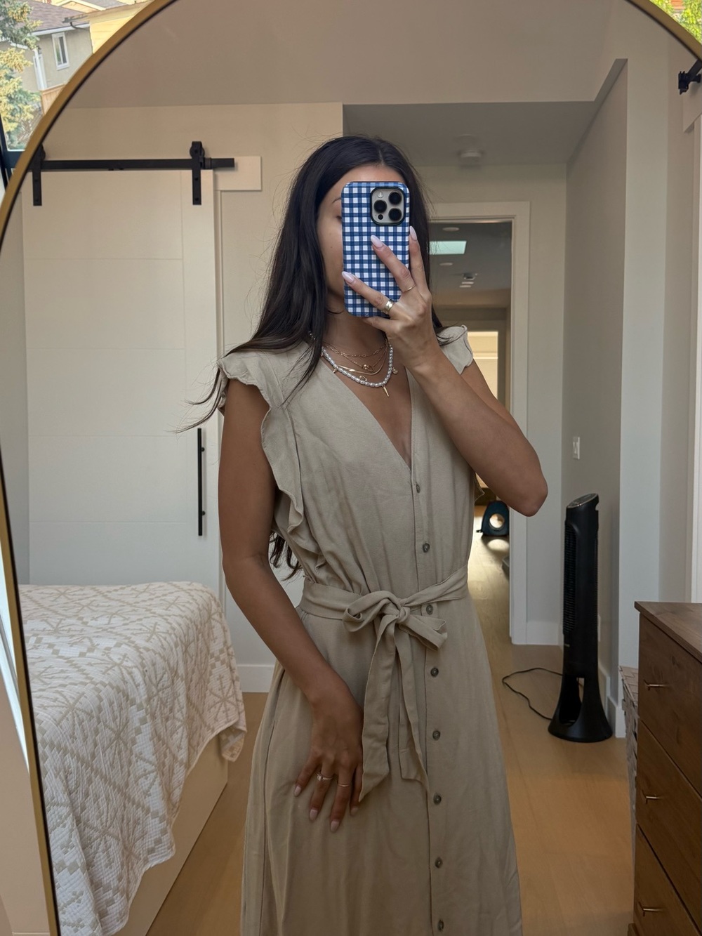 a new day Beige Button-Front Tie-Waist Midi Dress